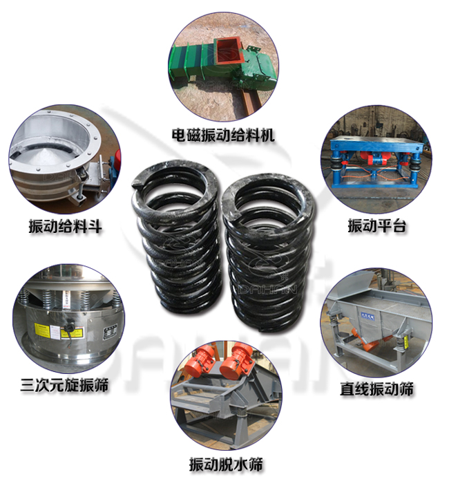 旋振篩減震彈簧適用產品：振動給料機，電磁振動給料機，振動平臺，直線振動篩，振動脫水篩，三次元旋振篩。