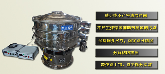 超聲振動(dòng)動(dòng)篩可以減少清網(wǎng)時(shí)間,不對(duì)粉體造成污染,保持網(wǎng)孔尺寸,能有效的減少篩上物和篩分次數(shù),并且能穩(wěn)定篩分精度