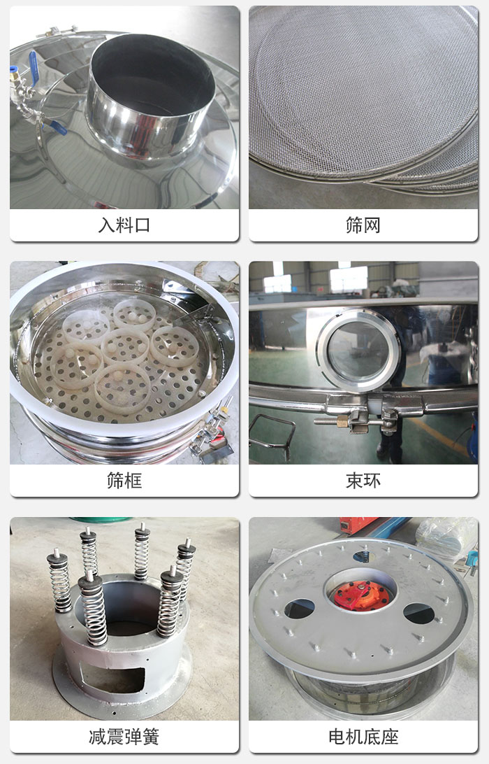 醫藥振動篩有電機底座,減震彈簧,束環,篩框,入料口,篩網等部件展示。