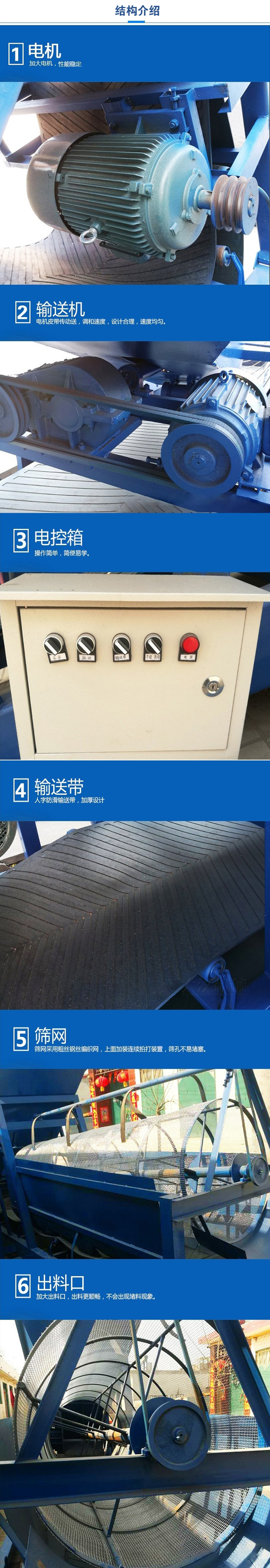 移動篩沙機結構:電機，加大電機，性能相對比較穩定。輸送機：電機皮帶傳動送，調和速度，設計合理，速度均勻。電控箱：操作簡單，簡便易學。輸送帶：人字防滑輸送帶，加厚設計。篩網，采用粗絲鋼絲編織而成的篩網，上面加裝連續拍打裝置，篩孔不易堵塞。出料口：加大出料口，出料更順暢，不會出現堵料現象。