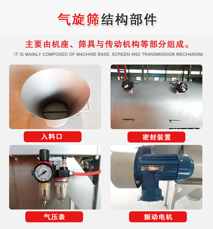 氣旋篩結構：入料口，密封裝置，電機，氣壓表等