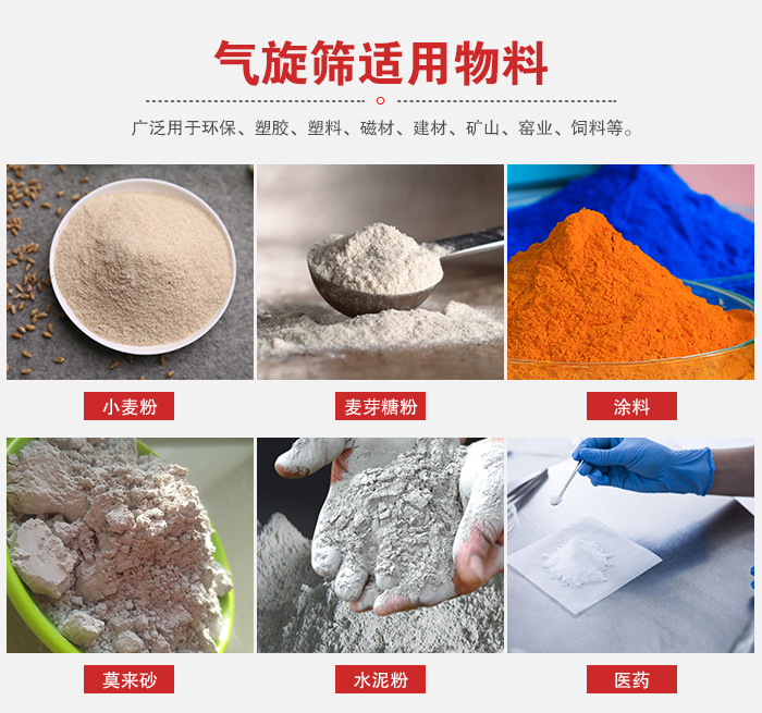 氣旋篩適用物料：小麥粉，麥芽糖粉，涂料，等粉狀物料。